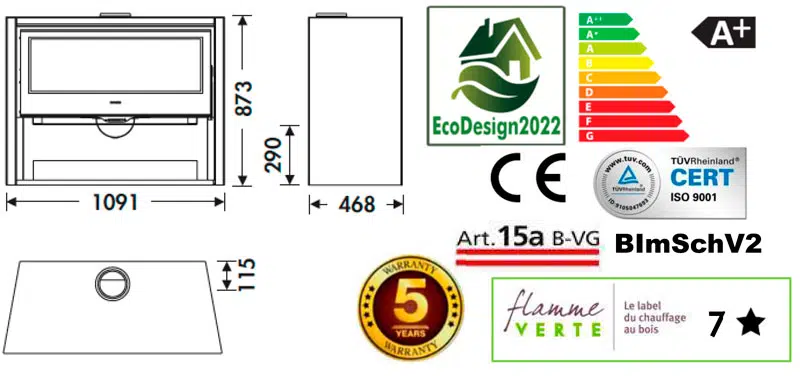 imagen donde aparecen las dimensiones de la estufa, la calificación energética y varios certificados de calidad a nivel europeo.